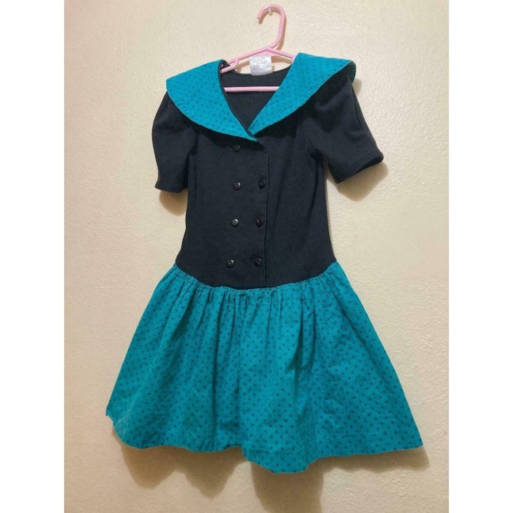 Vintage Amy Too! Black & Teal Collared Button Front Little Girls Dress Size 10